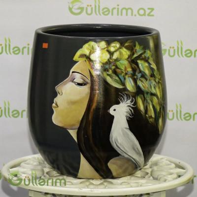 Əl işli portret və quş motivli dekorativ keramika dibçək